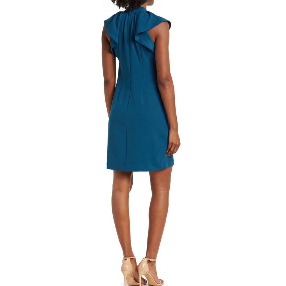 Calvin Klein Womens Teal High Neck Short Flutter Sleeve Shift Dress Sz 14 New - Picture 2 of 9
